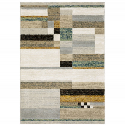 5' X 7' Beige Gold Black Grey Tan Teal and Rust Geometric Power Loom Area Rug