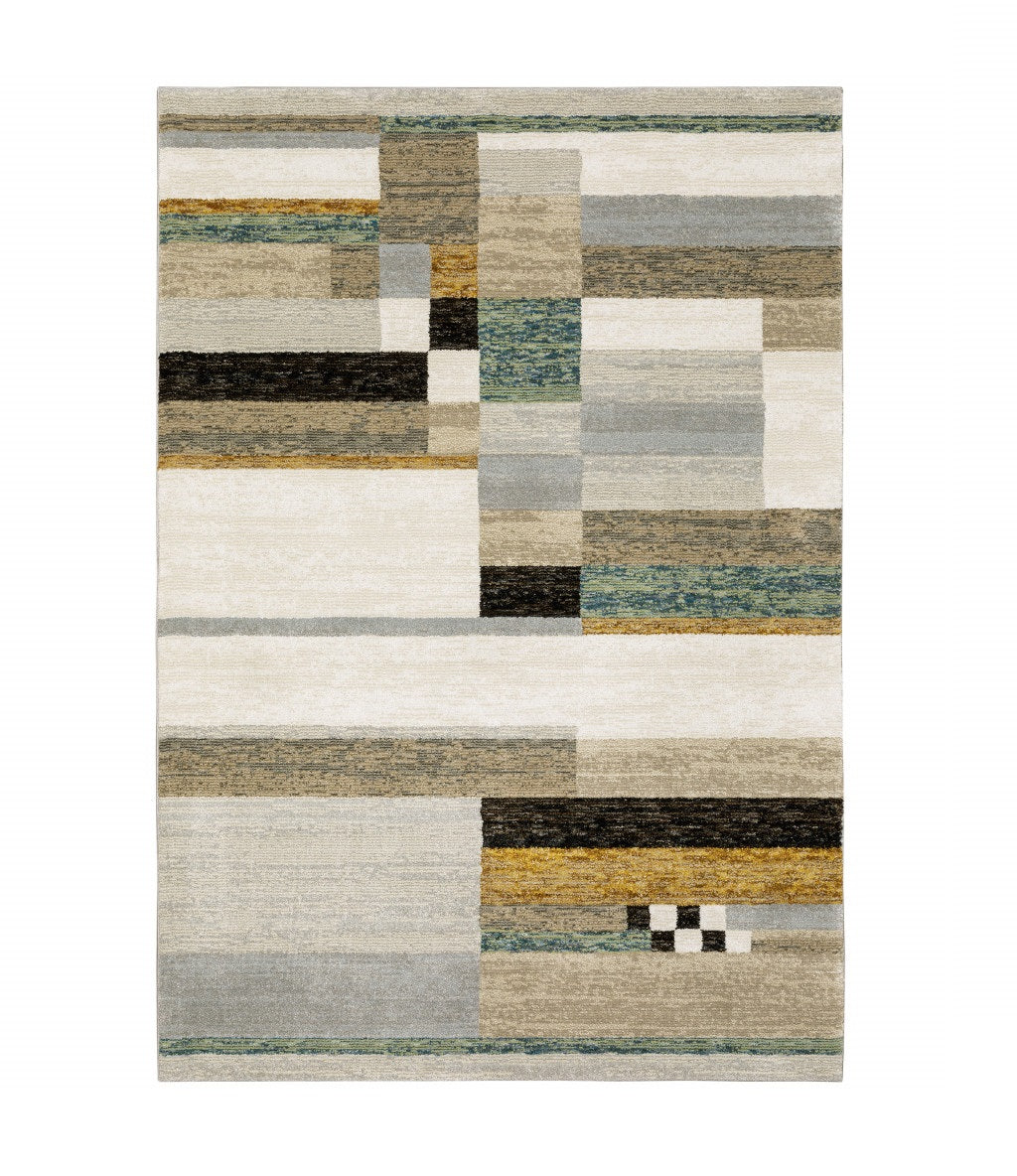 5' X 7' Beige Gold Black Grey Tan Teal and Rust Geometric Power Loom Area Rug