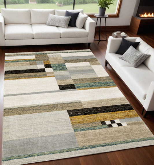 5' X 7' Beige Gold Black Grey Tan Teal and Rust Geometric Power Loom Area Rug