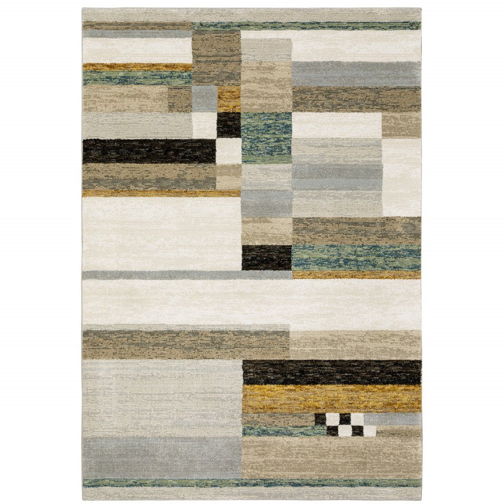 5' X 7' Beige Gold Black Grey Tan Teal and Rust Geometric Power Loom Area Rug