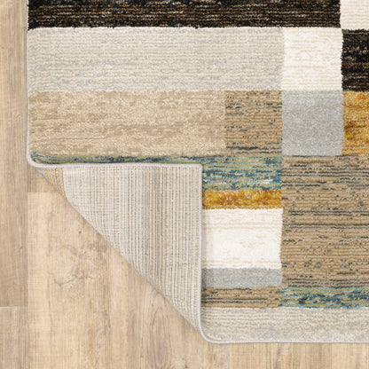 8' X 11' Beige Gold Black Grey Tan Teal and Rust Geometric Power Loom Area Rug