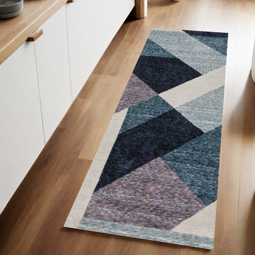 8' Runner Blue Purple Grey and Teal Geometric Power Loom Runner Rug