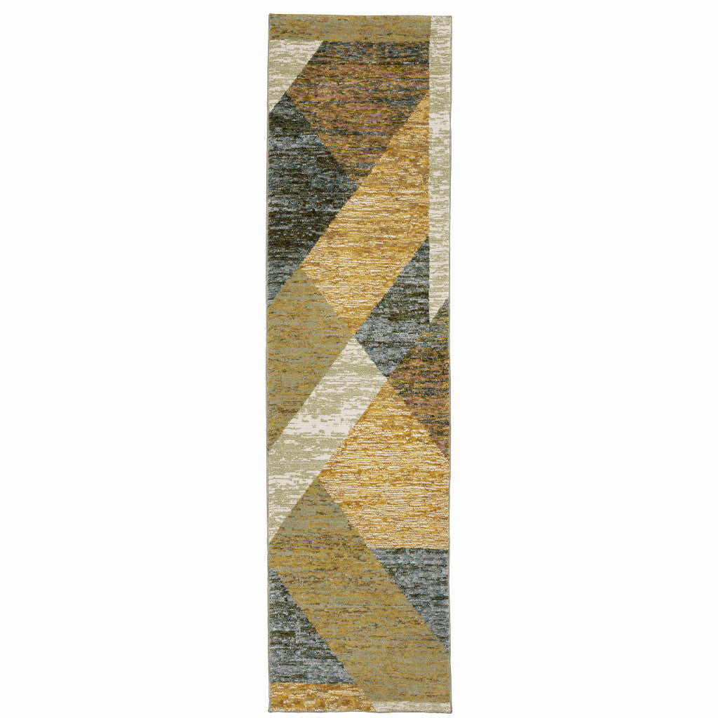 8' Runner Blue and Beige Geometric Power Loom Runner Rug