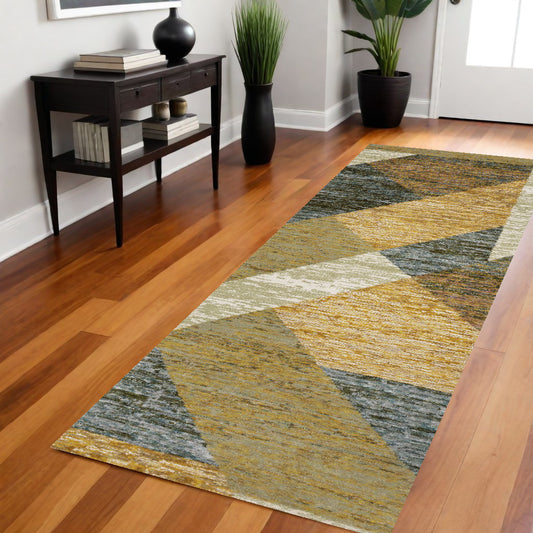 8' Runner Blue and Beige Geometric Power Loom Runner Rug