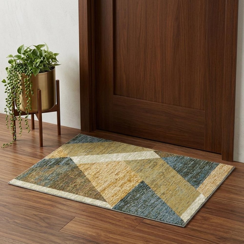 3' X 5' Blue and Beige Geometric Power Loom Area Rug