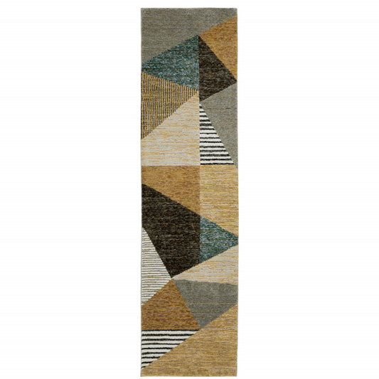 8' Runner Blue and Beige Geometric Power Loom Runner Rug