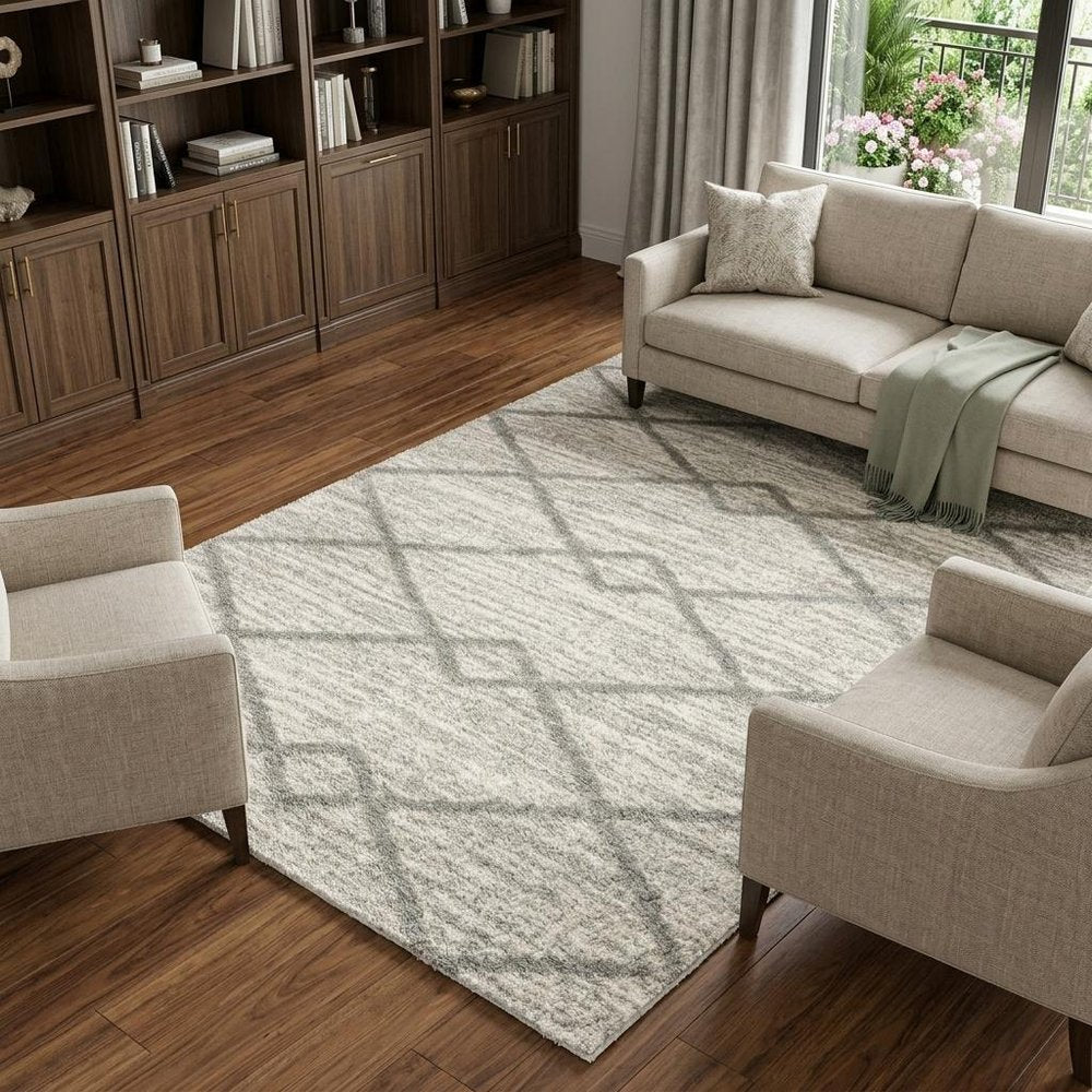 8' X 11' Gray and Ivory Geometric Shag Power Loom Area Rug