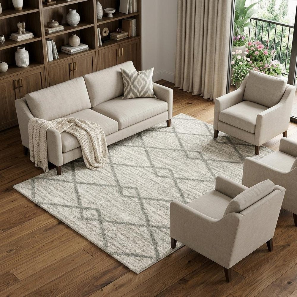 8' X 11' Gray and Ivory Geometric Shag Power Loom Area Rug