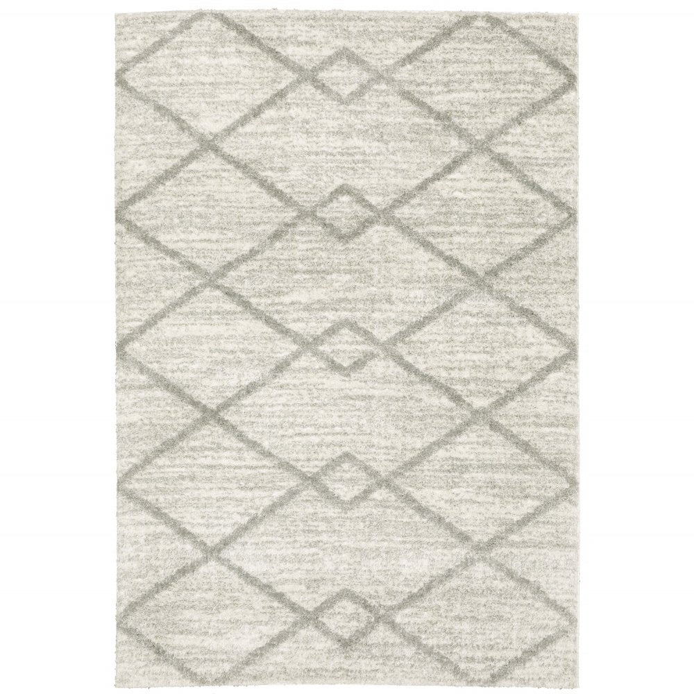 10' X 13' Ivory And Grey Geometric Shag Power Loom Stain Resistant Area Rug