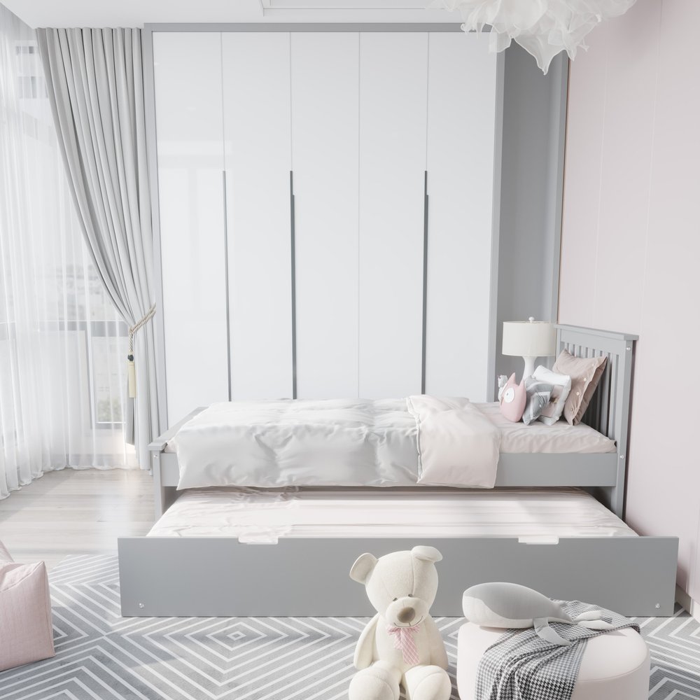 Gray Solid Wood Twin Bed With Pull Out Trundle