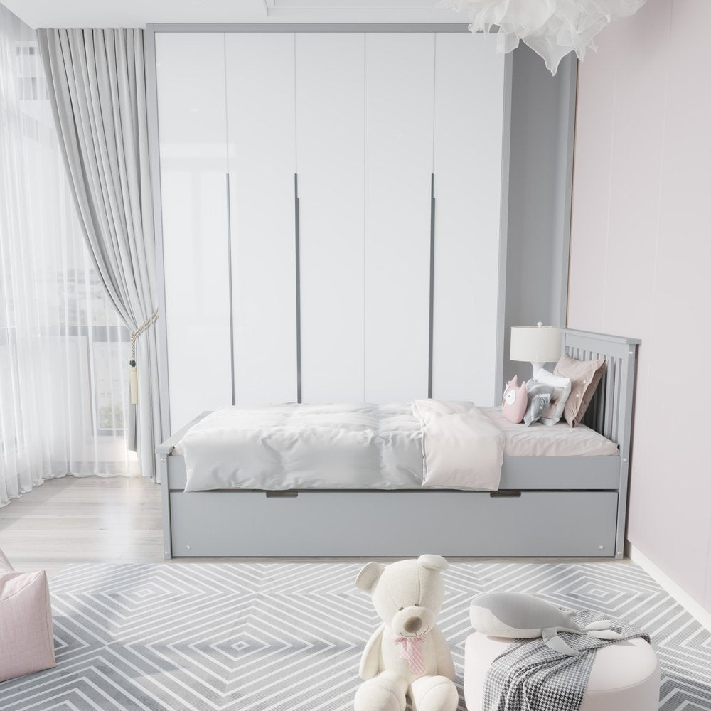 Gray Solid Wood Twin Bed With Pull Out Trundle