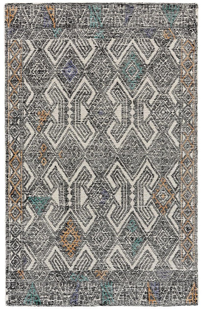 2' X 3' Black Ivory And Green Wool Geometric Hand Tufted Distressed Area Rug