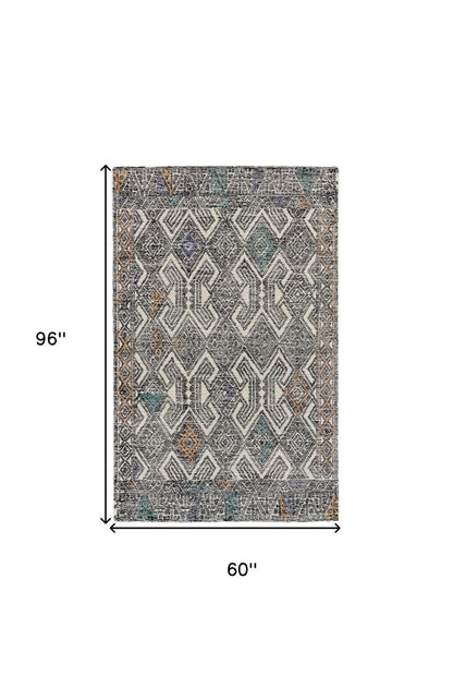 8' X 11' Black Ivory And Green Wool Geometric Hand Tufted Distressed Area Rug