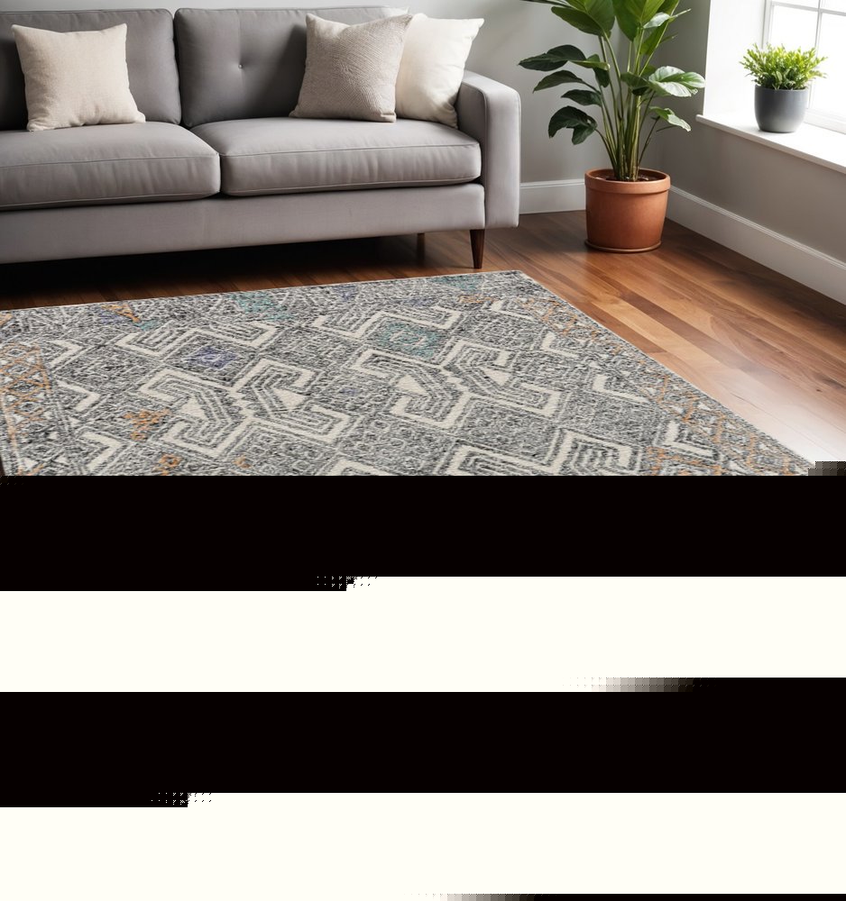 5' X 8' Black Ivory And Green Wool Geometric Tufted Handmade Distressed Area Rug