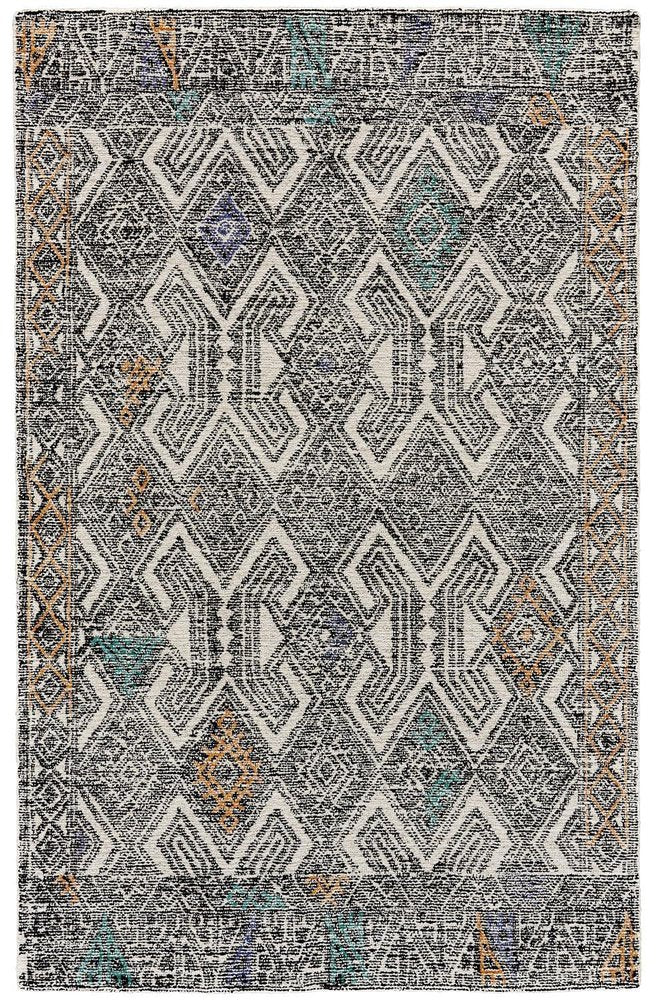 8' X 11' Black Ivory And Green Wool Geometric Hand Tufted Distressed Area Rug
