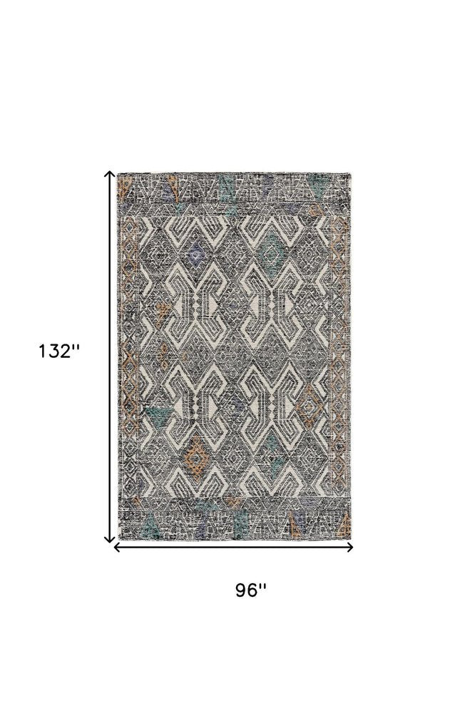 8' X 11' Black Ivory And Green Wool Geometric Hand Tufted Distressed Area Rug