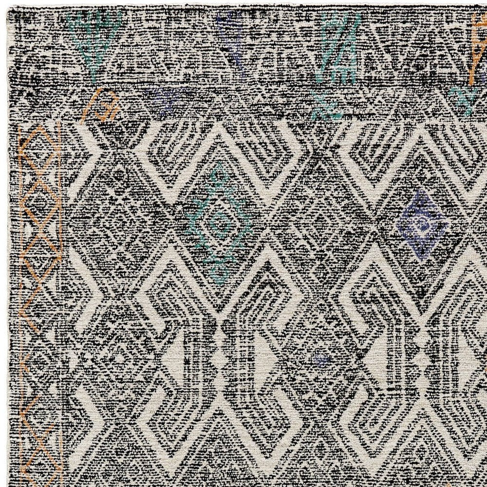 2' X 3' Black Ivory And Green Wool Geometric Hand Tufted Distressed Area Rug