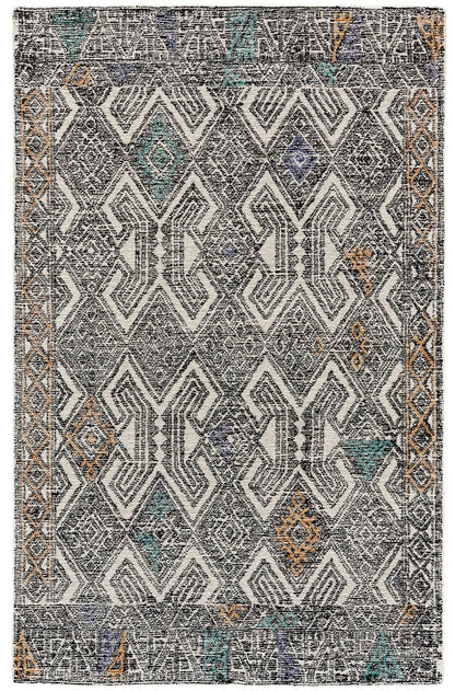 2' X 3' Black Ivory And Green Wool Geometric Hand Tufted Distressed Area Rug