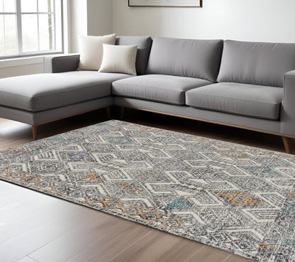 8' Black Ivory And Green Wool Geometric Hand Tufted Distressed Round Rug