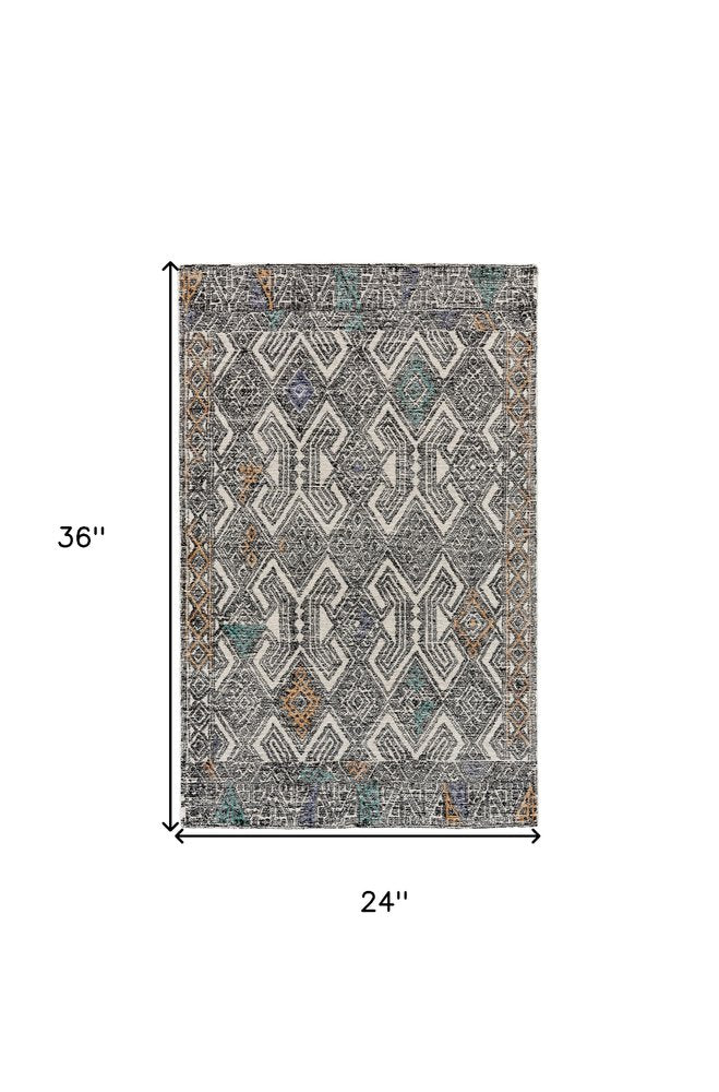 2' X 3' Black Ivory And Green Wool Geometric Hand Tufted Distressed Area Rug