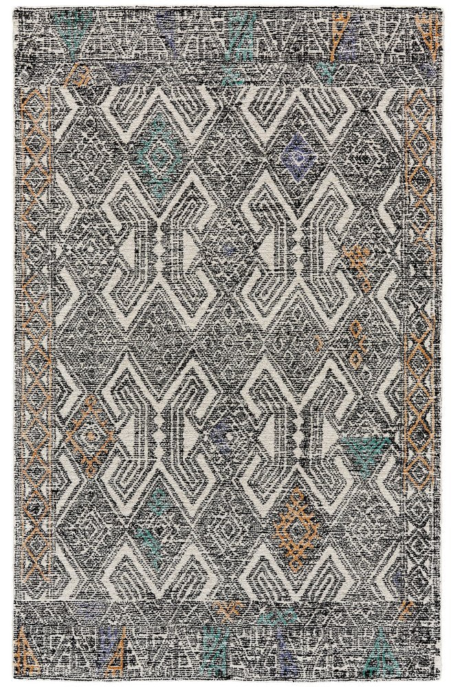 2' X 3' Black Ivory And Green Wool Geometric Hand Tufted Distressed Area Rug