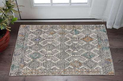 2' X 3' Black Ivory And Green Wool Geometric Hand Tufted Distressed Area Rug