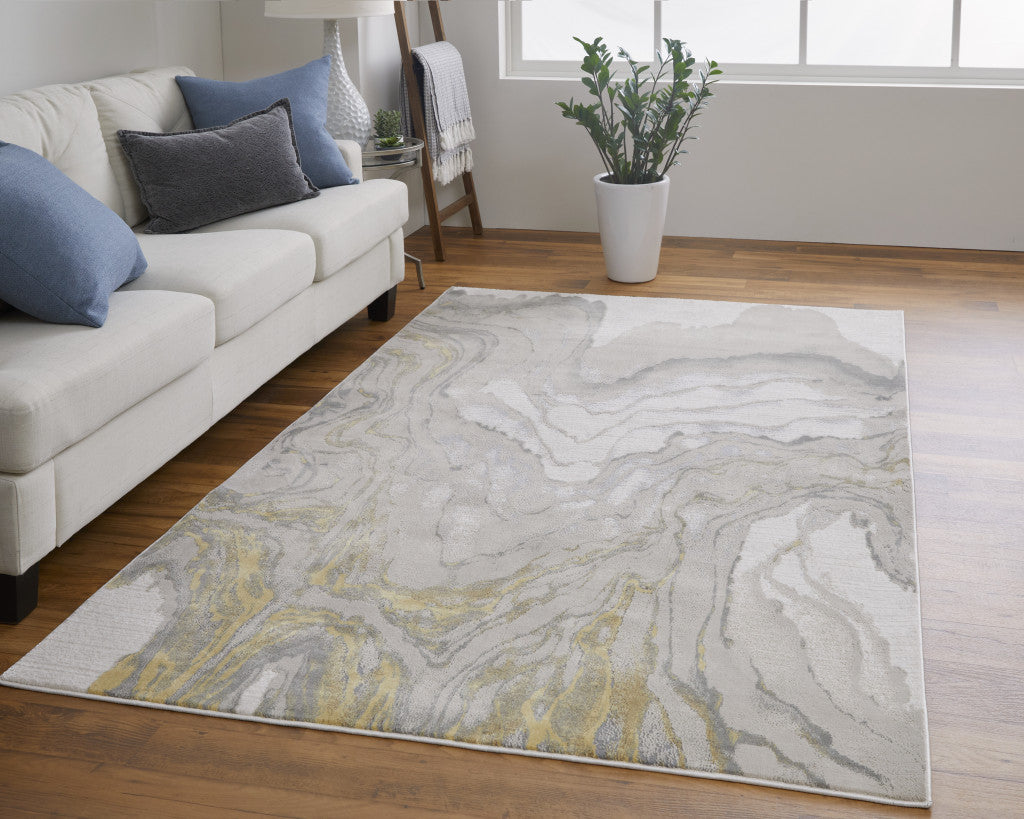 5' X 8' Gold Ivory And Gray Abstract Stain Resistant Area Rug