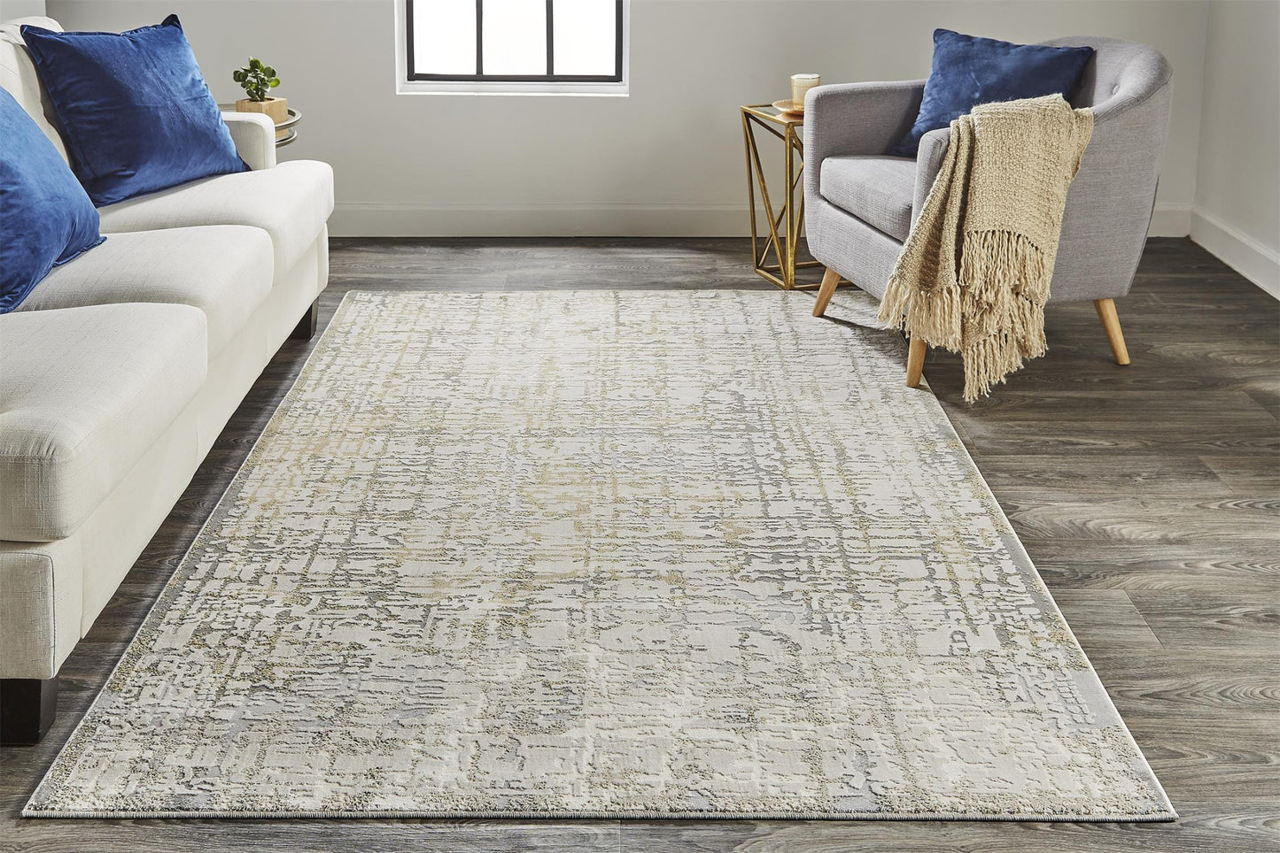 5' X 8' Gold Ivory And Gray Abstract Stain Resistant Area Rug