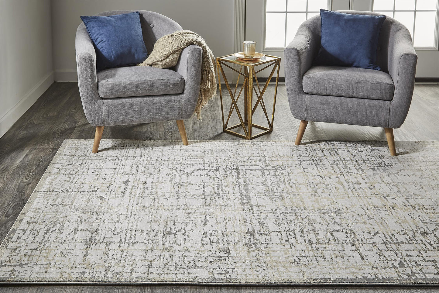 5' X 8' Gold Ivory And Gray Abstract Stain Resistant Area Rug