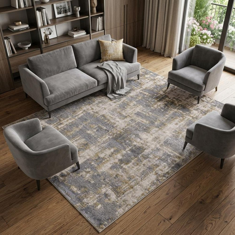 7' X 10' Gray And Gold Abstract Area Rug