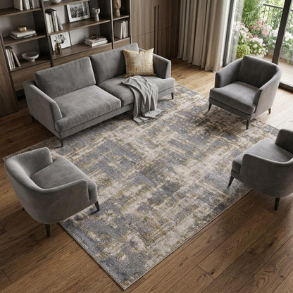 7' X 10' Gray And Gold Abstract Area Rug