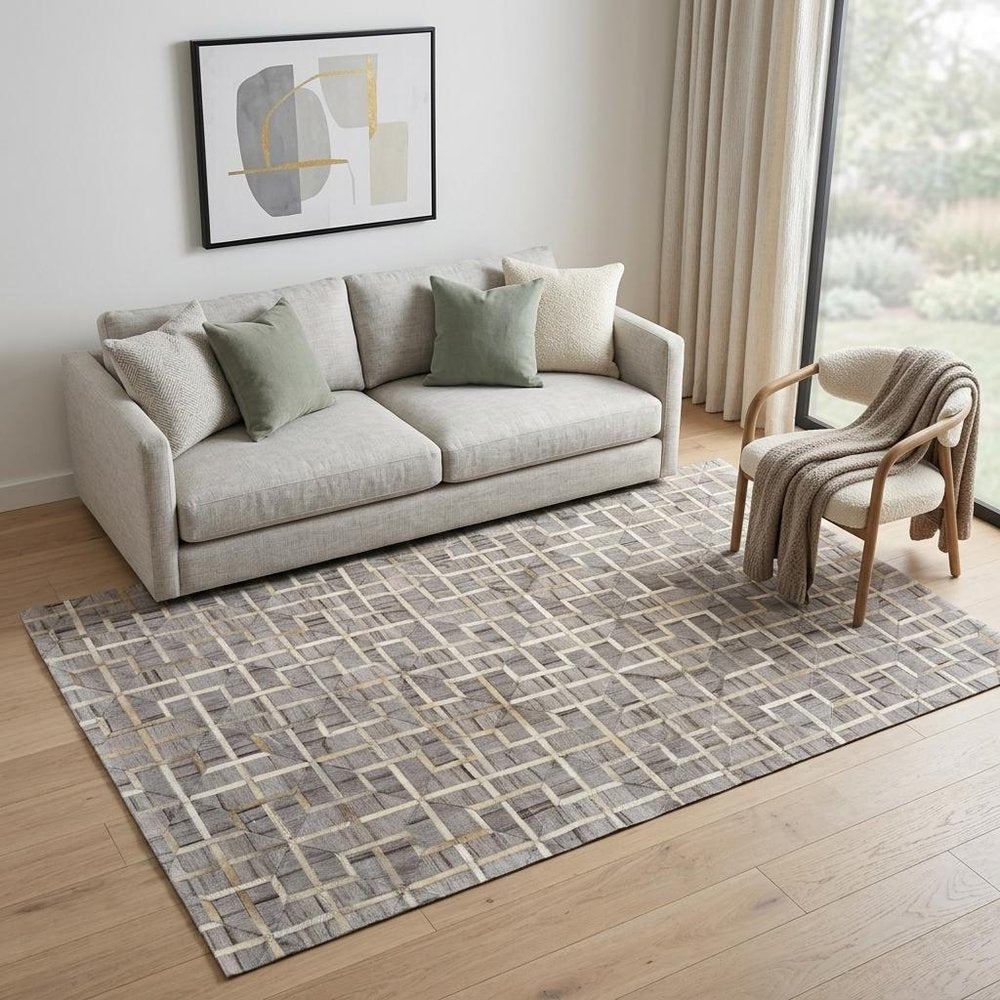 5' X 8' Gray Ivory And Brown Geometric Hand Woven Area Rug