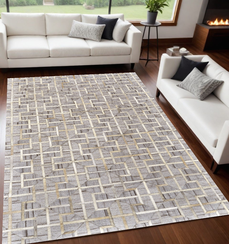 8' X 11' Gray Ivory And Brown Geometric Hand Woven Area Rug