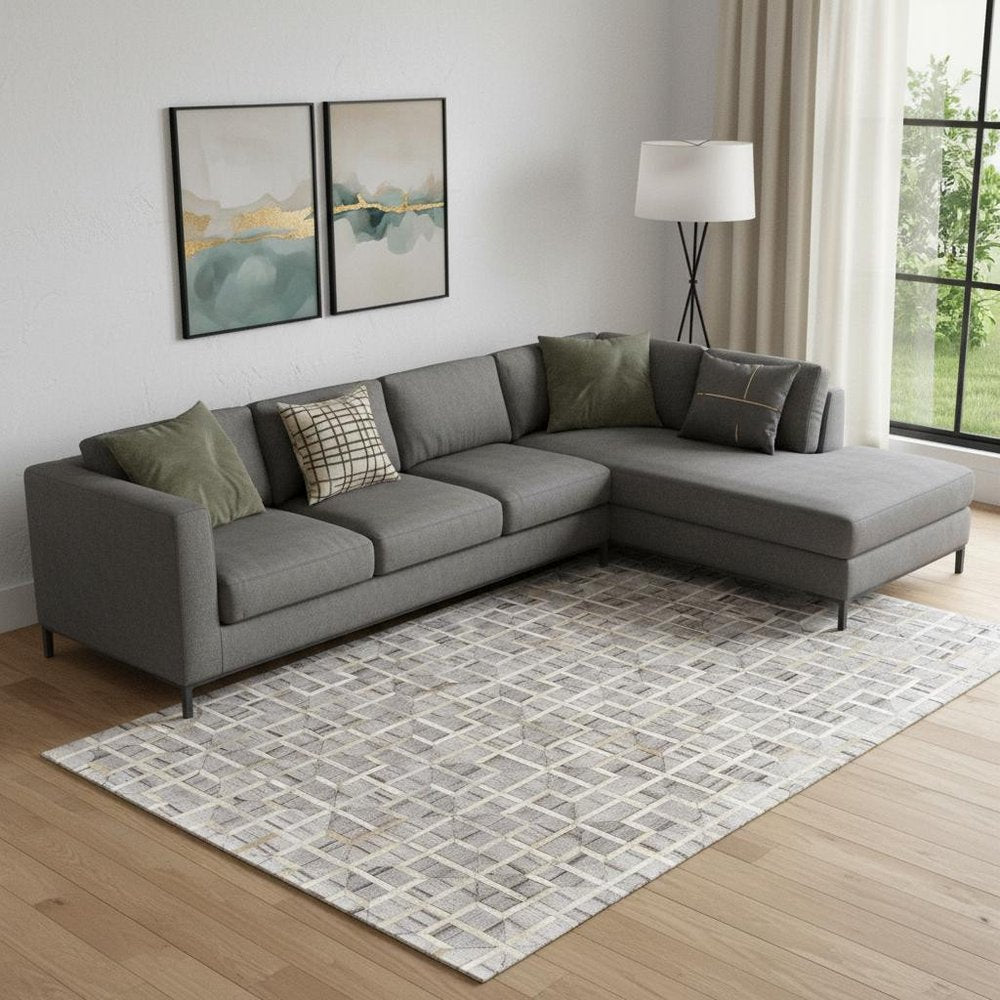 5' X 8' Gray Ivory And Brown Geometric Hand Woven Area Rug