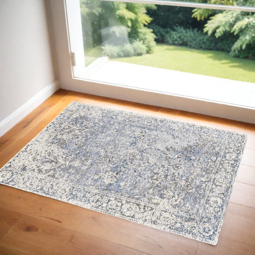 10' X 13' Blue Ivory And Gray Abstract Hand Woven Area Rug