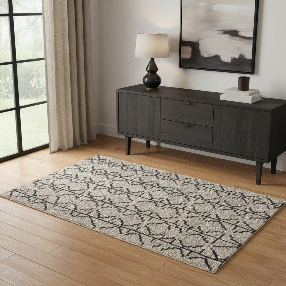 8' X 11' Black And Taupe Wool Geometric Hand Tufted Area Rug