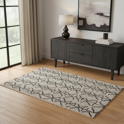 8' X 11' Black And Taupe Wool Geometric Hand Tufted Area Rug