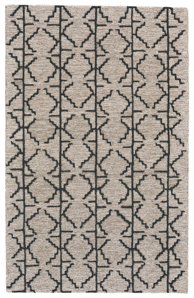 4' X 6' Black And Taupe Wool Geometric Hand Tufted Area Rug