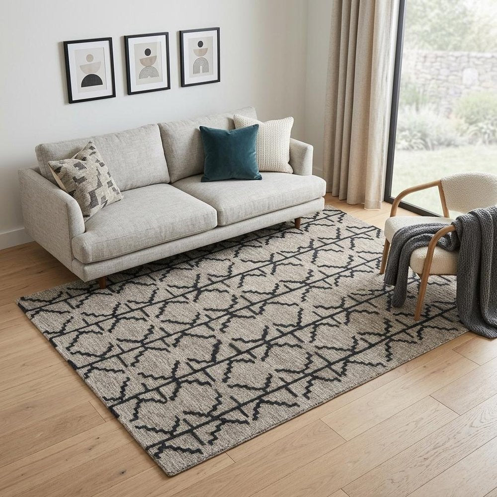 8' X 11' Black And Taupe Wool Geometric Hand Tufted Area Rug