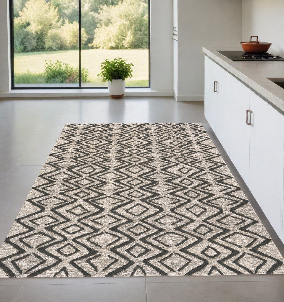 4' X 6' Black Gray And Taupe Wool Geometric Tufted Handmade Stain Resistant Area Rug