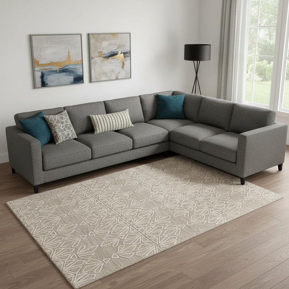 10' X 13' Tan And Ivory Wool Geometric Tufted Handmade Stain Resistant Area Rug