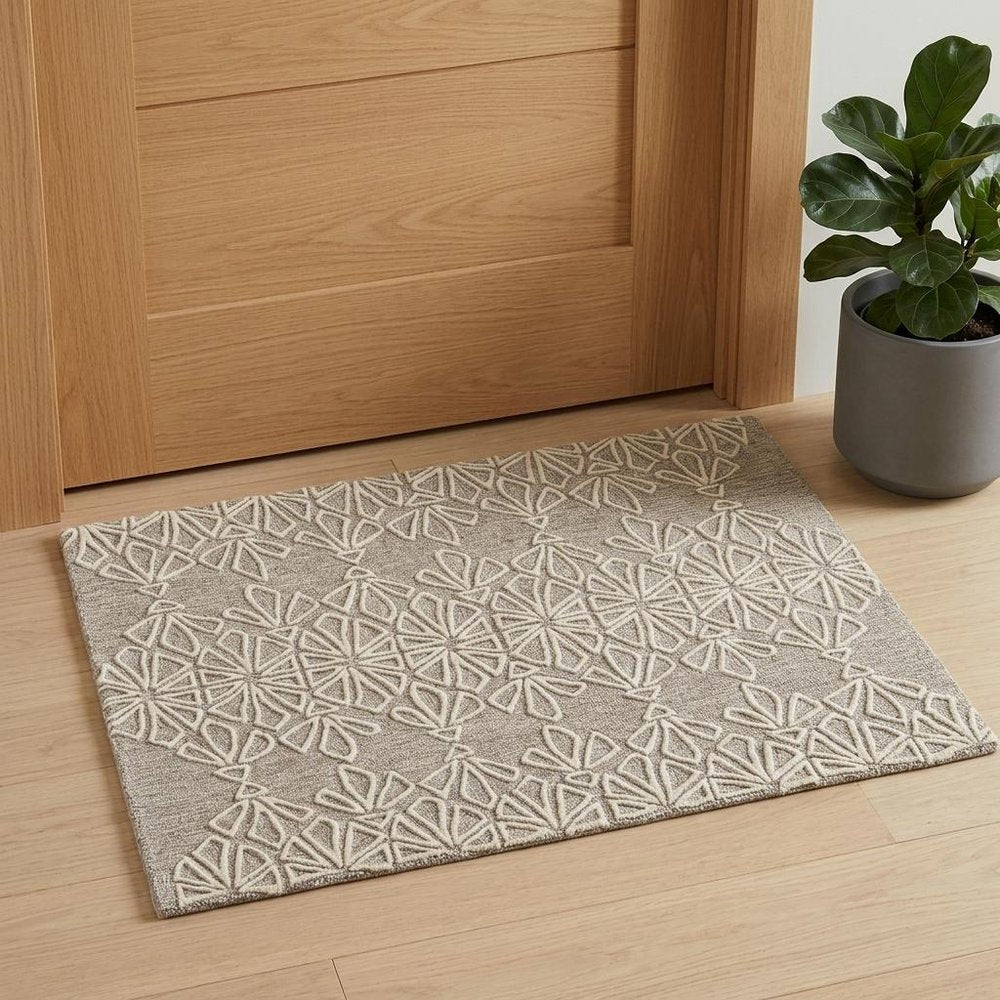 2' X 3' Tan And Ivory Wool Geometric Tufted Handmade Stain Resistant Area Rug