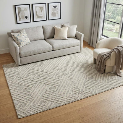 8' X 11' Tan And Ivory Wool Geometric Tufted Handmade Stain Resistant Area Rug