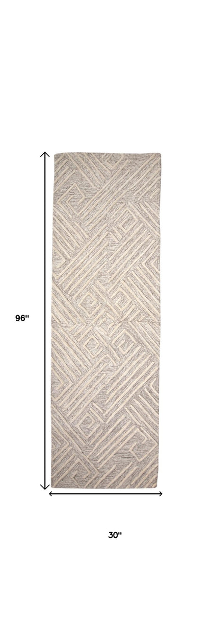 10' X 13' Tan And Ivory Wool Geometric Tufted Handmade Stain Resistant Area Rug