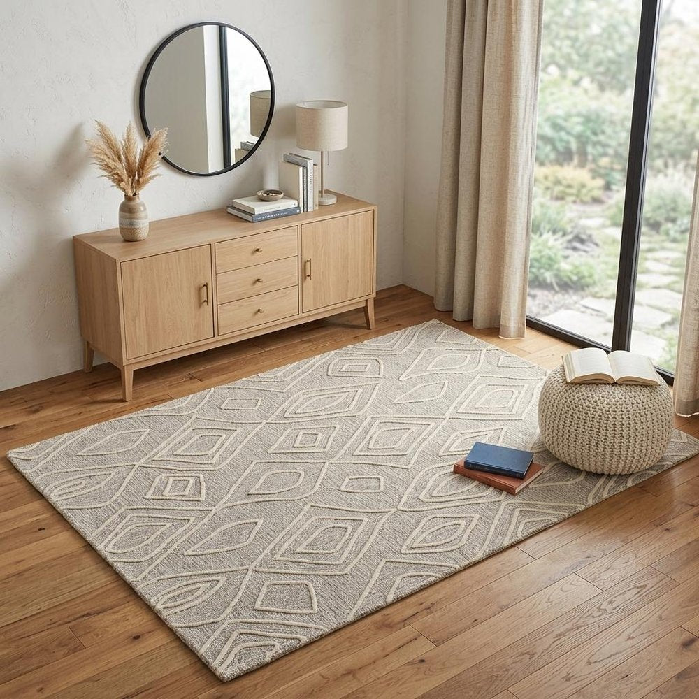 8' X 11' Tan And Ivory Wool Geometric Tufted Handmade Stain Resistant Area Rug