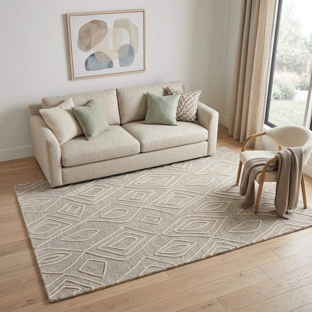 8' X 11' Tan And Ivory Wool Geometric Tufted Handmade Stain Resistant Area Rug