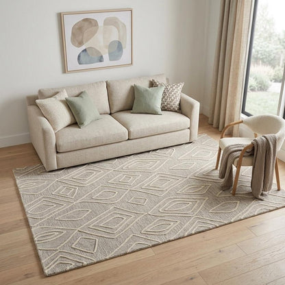 8' X 11' Tan And Ivory Wool Geometric Tufted Handmade Stain Resistant Area Rug