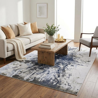 5' X 7' Blue Gray And White Abstract Stain Resistant Area Rug