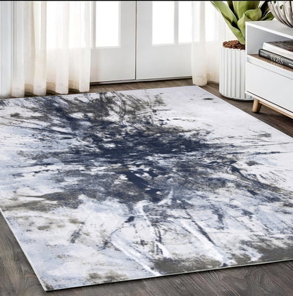 5' X 7' Blue Gray And White Abstract Stain Resistant Area Rug