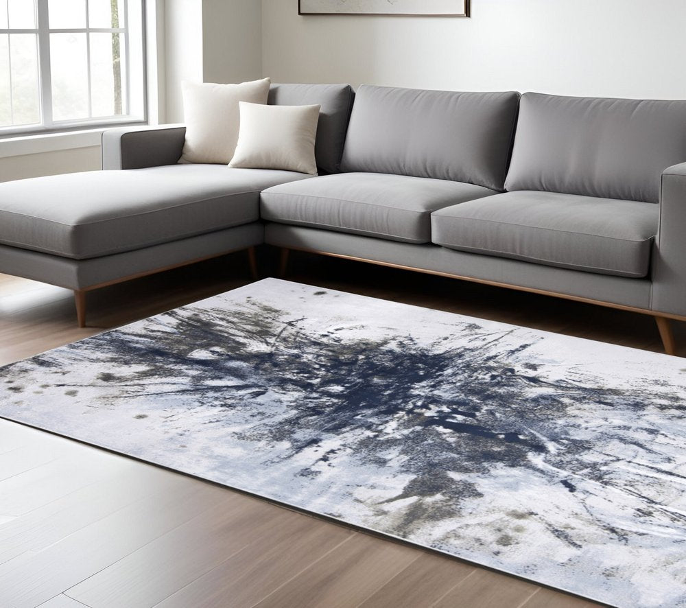 2' X 3' Blue Gray And White Abstract Stain Resistant Area Rug
